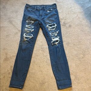 American Eagle Outfitters Women's Ripped Blue Skinny Jeans Size 8 Long